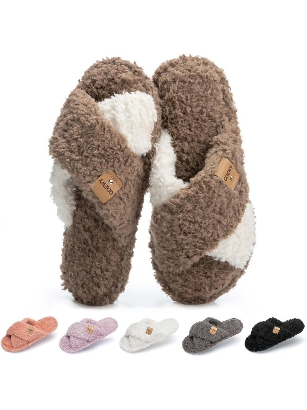 Women's Brown White Cross Band Indoor and Outdoor Fuzzy Open Toe Slipper Shoes